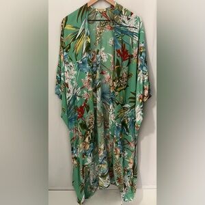 Pineapples Womens Hawaiian Beachy Fish Coral Print Kimono Green Cover Up Sz L XL
